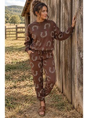 Horseshoe 2 Piece Sweatshirt Jogger Pants Set Western Equestrian Matching Outfit